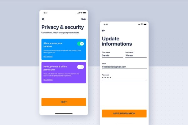 汽车租赁移动用户界面设计 – 隐私和更新个人资料模板 Car rental mobile UI – Privacy & update profile