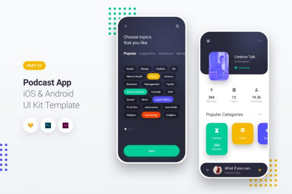 音乐播客iOS&Android手机APP应用UI设计套件1 Podcast Player App iOS & Android UI Kit Template 1