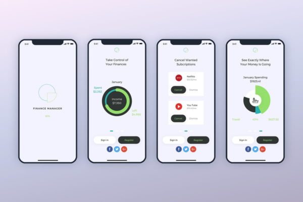 财务钱包手机APP应用UI设计套件 Launch Screens Walkthroughs Finance Mobile UI – FP