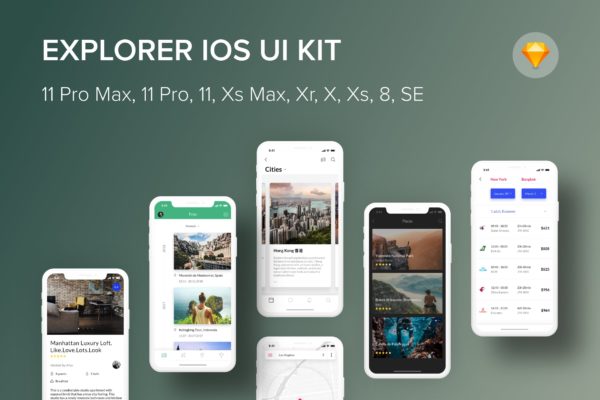 iOS平台旅游主题APP应用UI设计套件SKETCH模板 Explorer iOS UI Kit (Sketch)