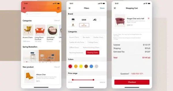 在线APP家具商城商品/付款UI界面设计模板 Filters, Shopping cart screens for Furniture App