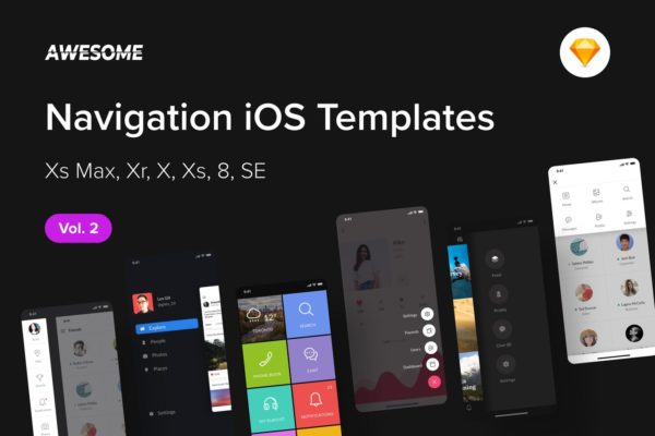 iOS手机应用导航栏菜单UI设计套件SKETCH素材v2 Awesome iOS UI Kit – Navigation Vol. 2 (Sketch)