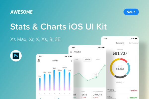 iOS平台数据统计APP应用交互界面设计PSD模板v1 Awesome iOS UI Kit – Stats & Charts Vol. 1 (PSD)