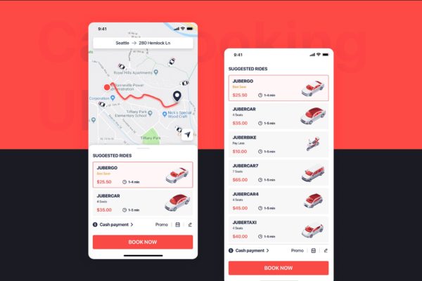 网约车APP应用UI设计之可预约汽车列表界面设计模板 Car Booking UI mobile concept – Car listing