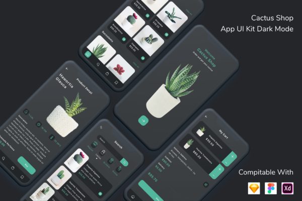 暗黑色在线商城App界面UI模板 Cactus Shop App UI Kit Dark Mode