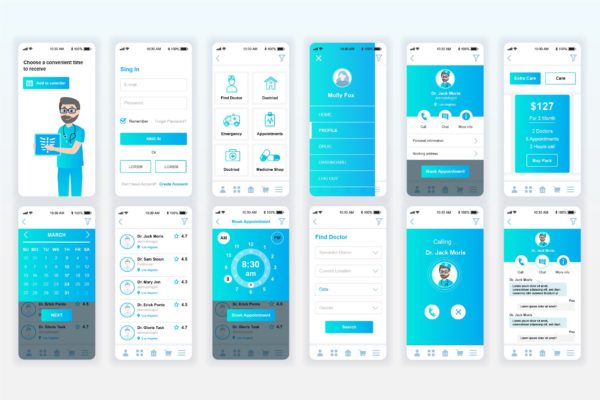 科室医生预约挂号APP用户交互界面设计UI套件 Medicine Mobile App UX and UI Kit