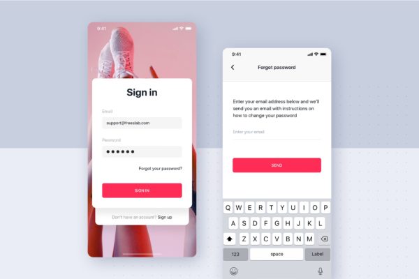 APP应用登录&找回密码界面设计模板 Two Sign In screens for mobile app