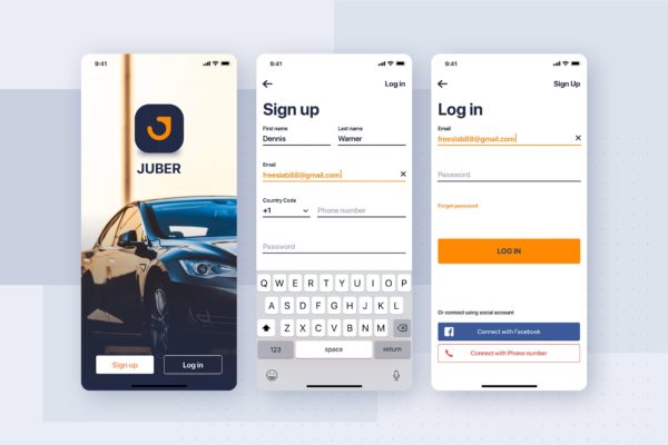 类滴滴打车APP应用注册登录界面设计模板 Car rental mobile UI Kit – Authentication Form