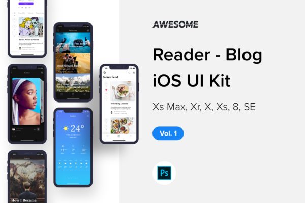 读者博客类iOS应用APP设计套件PSD模板v1 Awesome iOS UI Kit – Reader Blog Vol. 1 (PSD)