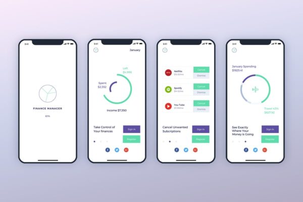 电子钱包手机APP应用启用界面UI设计方案二 Launch Screens Walkthroughs Finance Mobile UI – FP