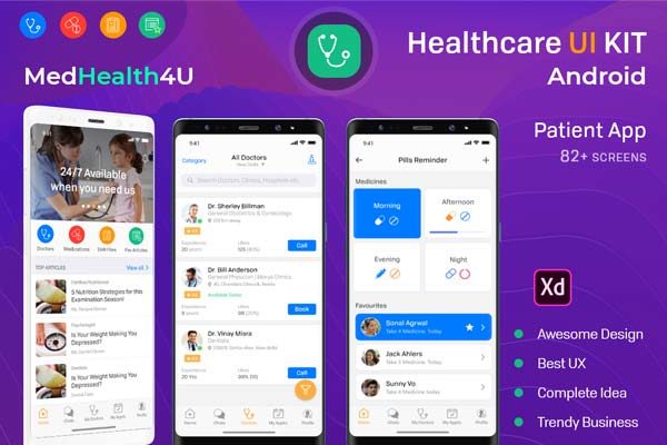 设计森林下午茶：安卓Android版健康医疗相关功能的 APP UI KIT 模板套装下载[XD]