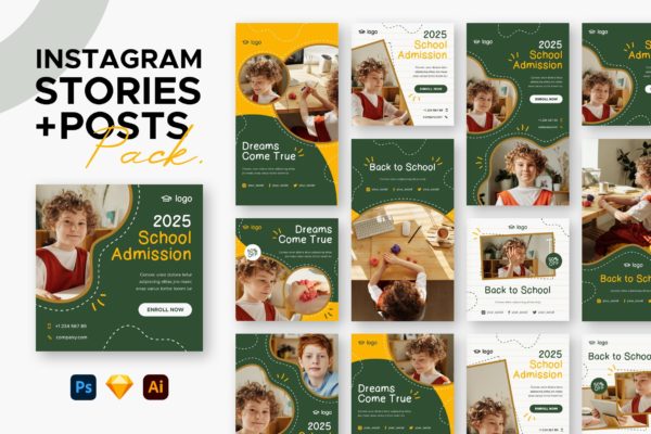 儿童教育Instagram故事&帖子广告图设计模板 Education Instagram Stories + Posts