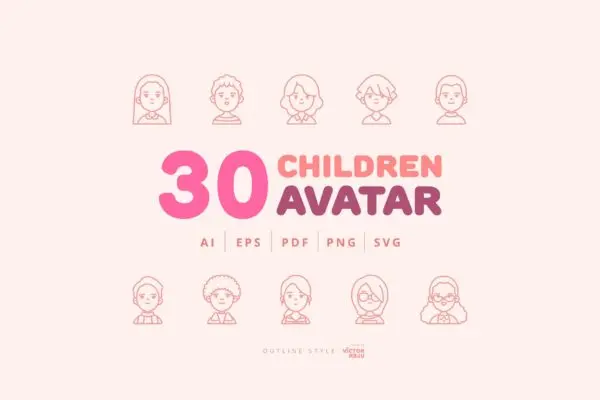 30个儿童头像轮廓图标包 30 Children Avatar Outline Style