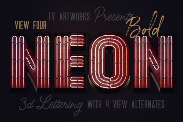 复古霓虹灯管3D立体英文字母PNG素材v4 Bold Neon 3D Lettering View 4