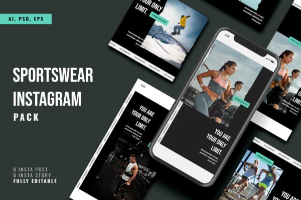 运动穿戴品牌Instagram社交配图设计模板 Sportswear Instagram Stories & Post Pack