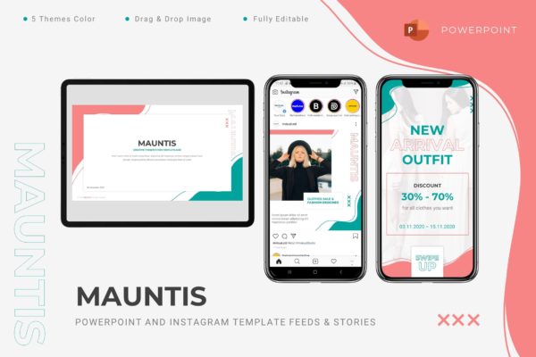 时尚服装推广演示ppt幻灯片&Instagram社交媒体设计模板 Mauntis – Powerpoint & Instagram Template