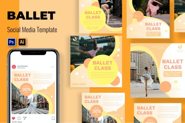芭蕾舞蹈课程社交媒体配图设计模板 Class Ballet Social Media Template