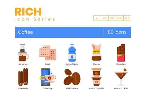 80个Rich系列咖啡图标 80 Coffee Icons – Rich Series