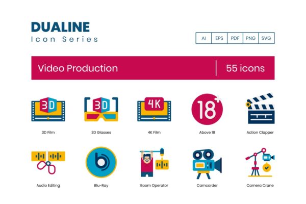 55个双平面系列视频制作图标 55 Video Production Icons – Dualine Flat Series