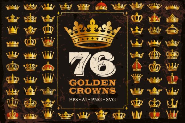 76个金色皇冠图标&矢量剪影 76 Golden Royal Crowns Icons Vector Silhouettes