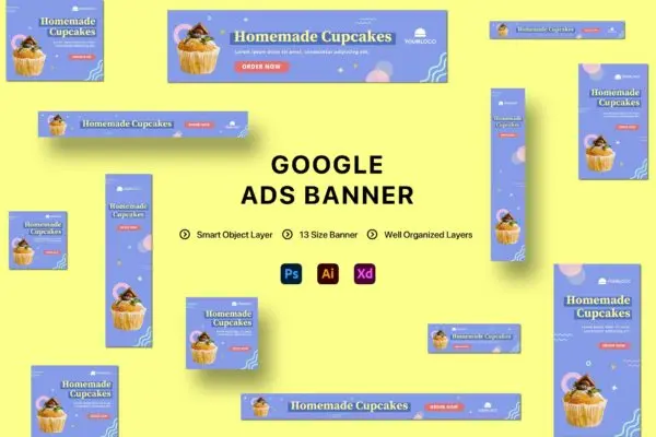 孟菲斯风格蛋糕美食谷歌广告Banner设计模板 Google Ad