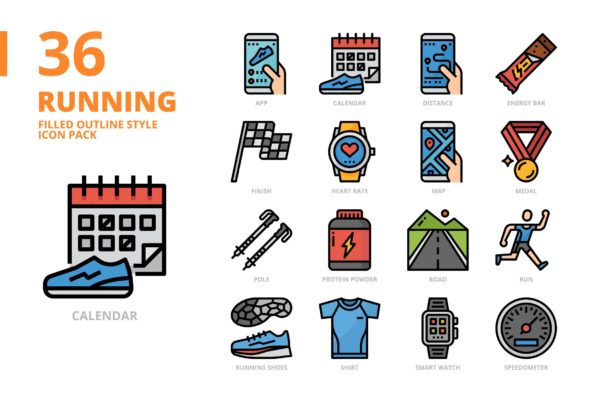跑步主题填充轮廓样式图标集 Running Filled Outline Style Icon Set