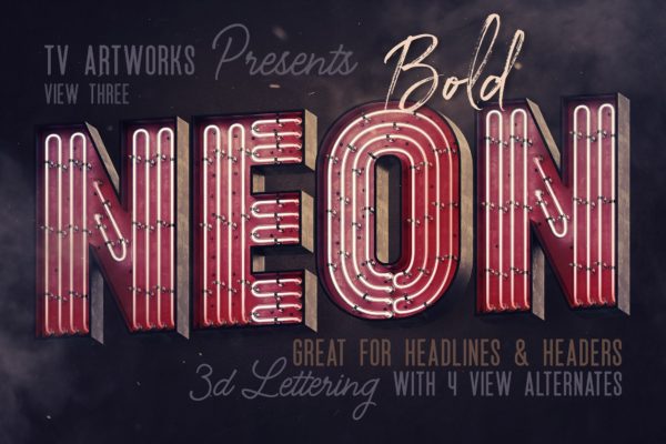 复古霓虹灯管3D立体英文字母PNG素材v3 Bold Neon 3D Lettering View 3