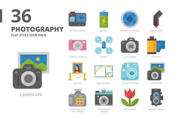 摄影主题扁平样式图标集 Photography Flat Style Icon Set