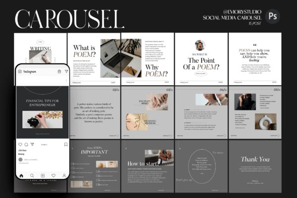 写作创意Instagram推广社交广告轮播图模板 Poetry & Tips – Carousel Template Instagram
