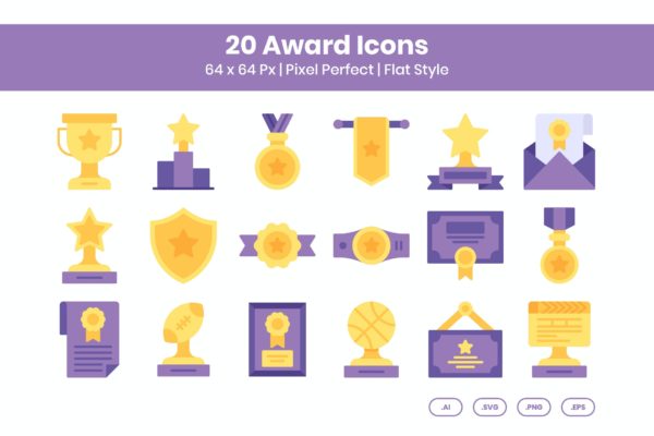 20个奖杯奖项扁平矢量图标集 20 Award Icons Set – Flat