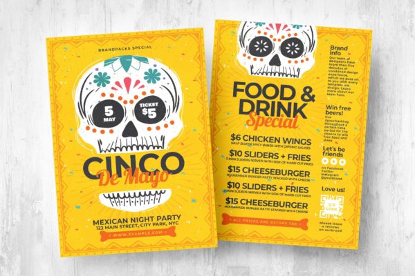 骷髅五月五日节传单&菜单设计模板v2 Cinco de Mayo Flyers & Menu Vol.2