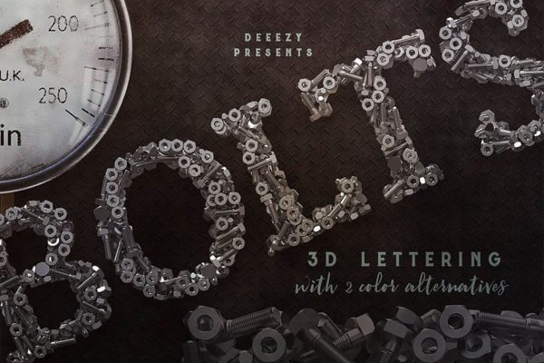 金属螺栓机械风格3D立体英文字体PNG素材 Metalic Bolts – 3D Lettering