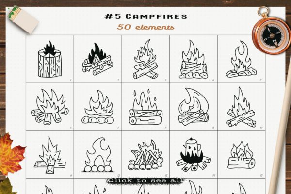 篝火线条艺术图形符号图标包 Campfires Icons Set Line Art Graphics Symbols