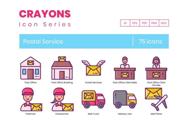 75个蜡笔系列邮政服务图标 75 Postal Service Icons – Crayons Series