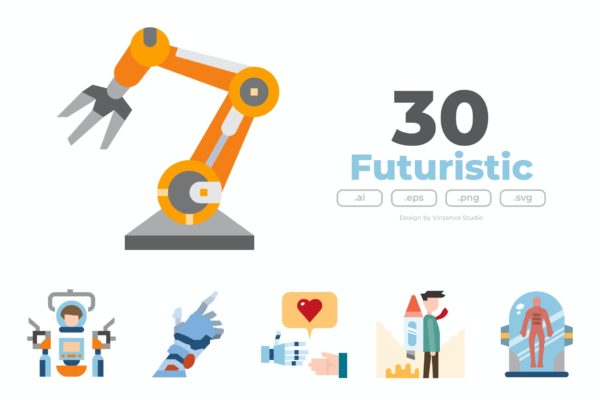 30枚未来派科技主题扁平图标 30 Futuristic Icons – FLAT