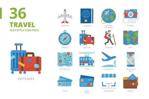 旅行主题扁平样式图标集 Travel Flat Style Icon Set