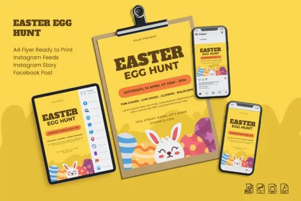 复活节彩蛋狩猎多尺寸广告海报&社交贴图合集 Easter Egg Hunt – Flyer Set