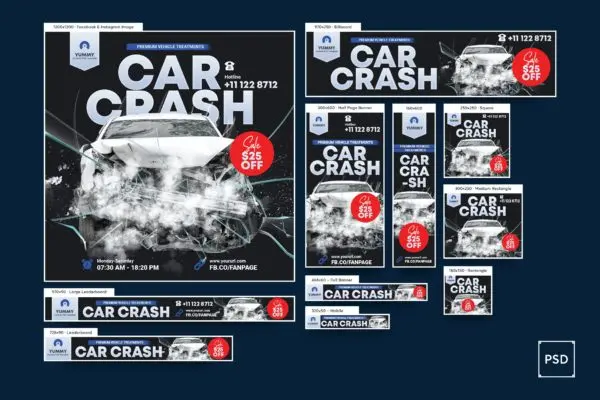 汽车维修保养服务多尺寸广告Banner设计套件 Car Repair Services Banners Ad
