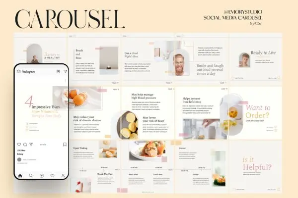 健康计划Instagram推广社交广告轮播图模板 2021 Tips & Healthy – Carousel Template Instagram