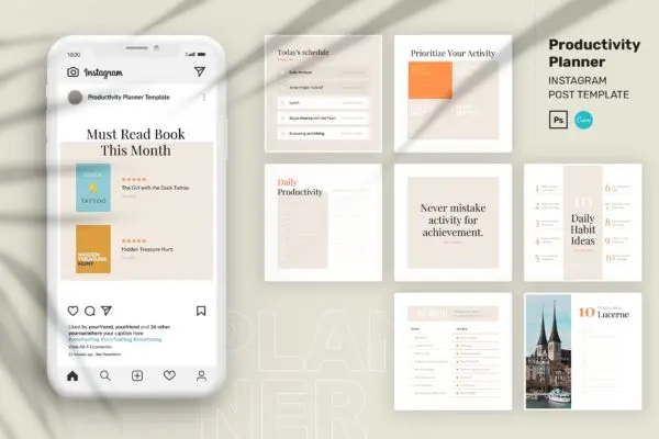 事项计划Instagram帖子社交配图设计模板 Productivity Planner Instagram Post Canva Template
