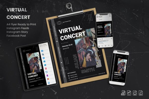 虚拟音乐会多尺寸广告海报&社交贴图合集 Virtual Concert – Flyer Set