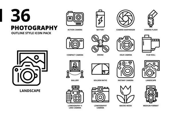 摄影主题轮廓样式图标集 Photography Outline Style Icon Set