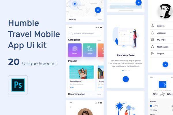 旅行旅游主题 APP UI 套件 Humble Travel App Mobile UI Kit