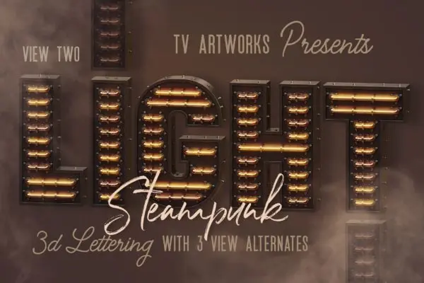 蒸汽朋克霓虹灯效果3D立体英文字母PNG素材v2 Steampunk Neon 3D Lettering View 2