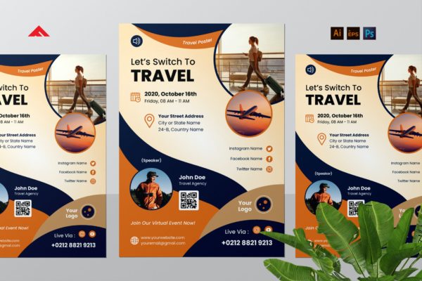 旅游旅行活动传单模板下载 Online Travel Virtual Event Flyer