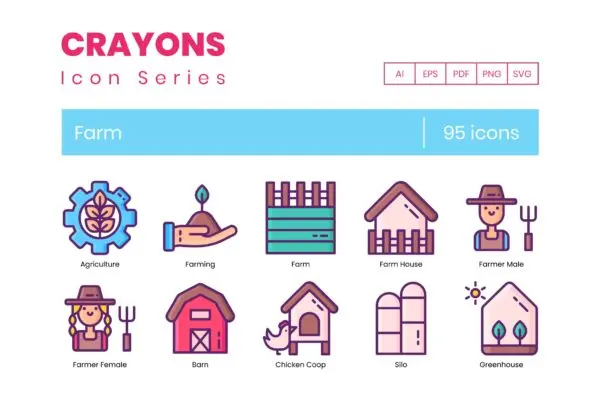 95个蜡笔系列农场图标 95 Farm Icons – Crayons Series