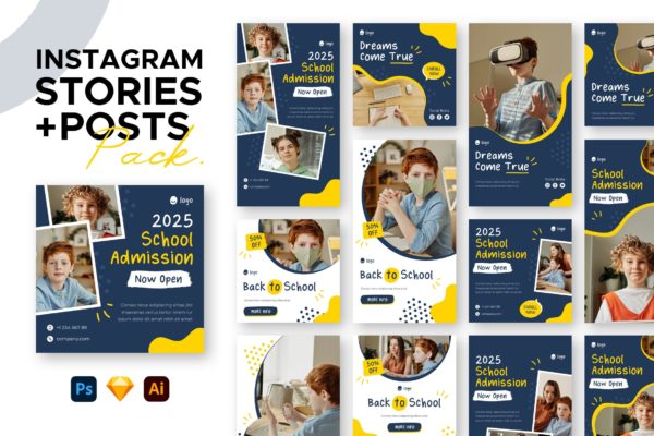 儿童学习教育Instagram故事&帖子广告图设计模板 Education Instagram Stories + Posts