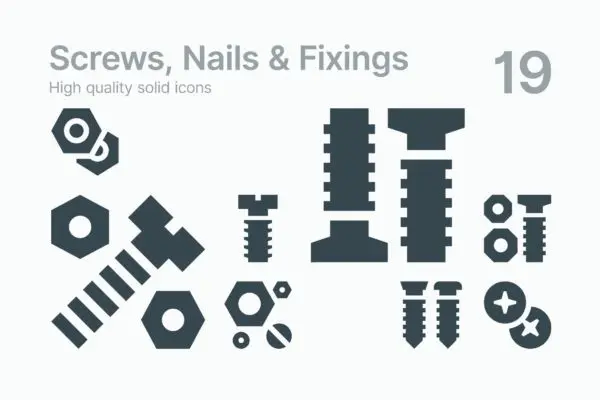 19个螺丝主题实心图标 Screws, Nails & Fixings