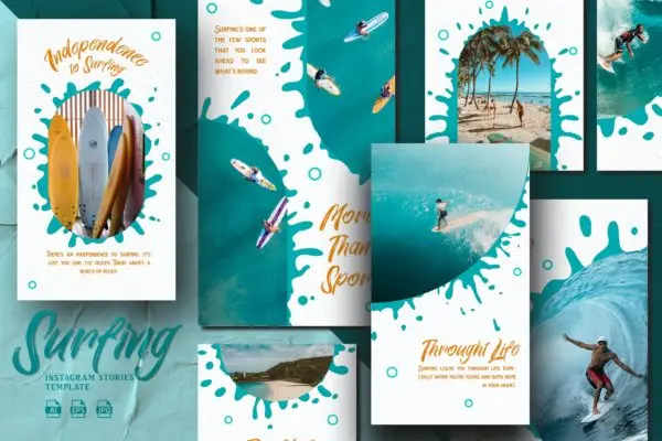 现代飞溅冲浪主题Instagram故事社交配图设计模板 Modern Splash Surfing – Instagram Stories