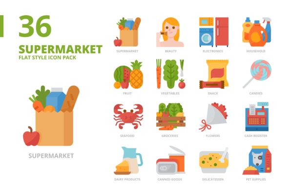 超级市场主题扁平样式图标集 Supermarket Flat Style Icon Set